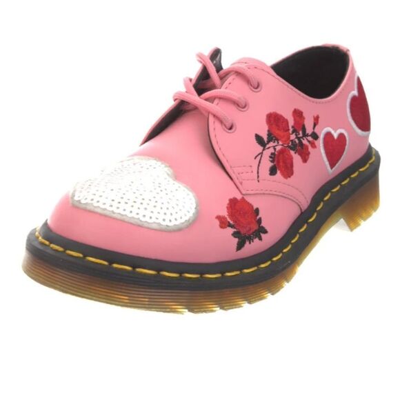 DR MARTENS 1461 Sequin Hearts Pink Leather Lug Sole Loafers 36